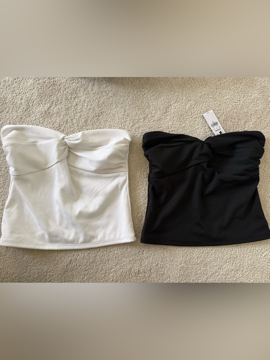 Express Tops - Express Twist-Front Strapless Tube Top - White / Black size small